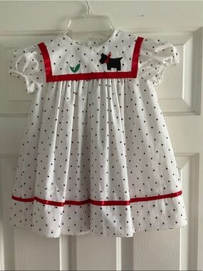 White Dotted Toddler Dress with Red Trim and Scottie Dog